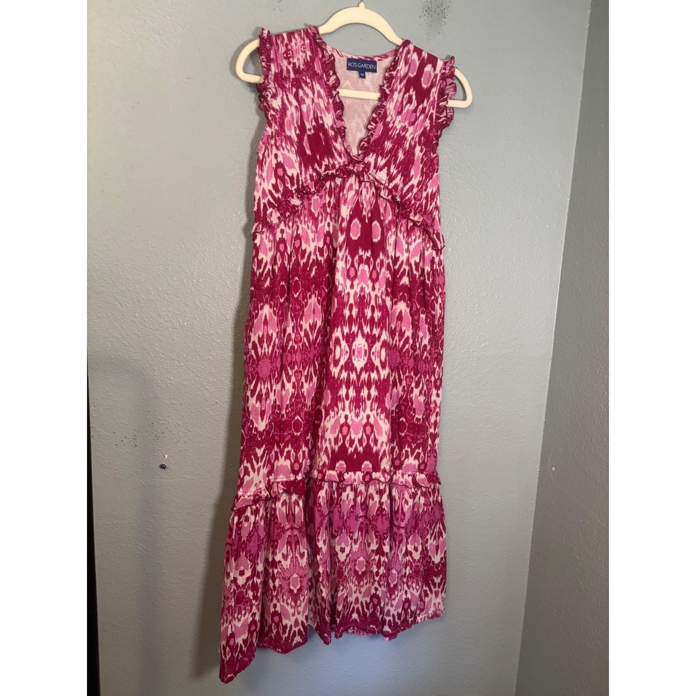 Ros's Garden Pink Ikat Cotton Ruffle Maxi Dress Sleeveless V-Neck XS Boho Tiered - Picture 2 of 9